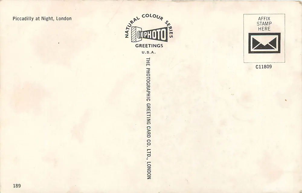 Piccadilly à Noite, Londres — série Cor Natural, editor The Photographic Greeting Card Co. Ltd., n° 189 - Verso