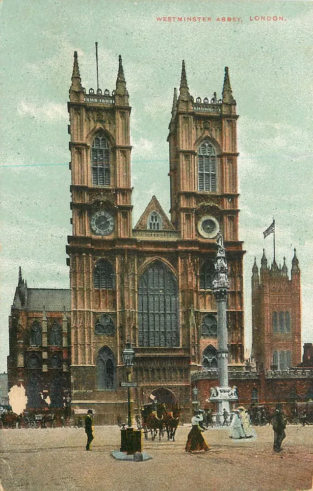 Westminster Abbey, Londres — vista da fachada com as torres e a estátua — impressa na Alemanha - Frente