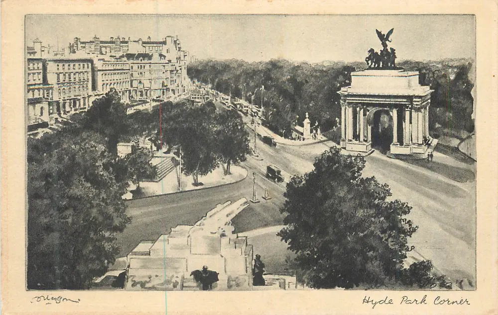 Hyde Park Corner — vista da arco e dos edifícios — Tuck's Post Card - Frente