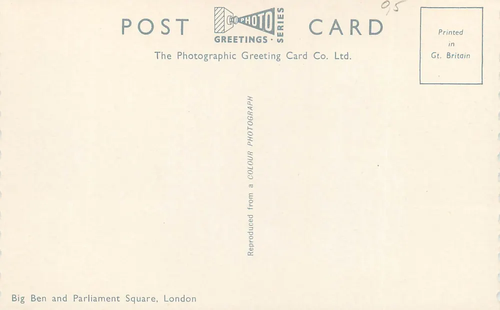 Big Ben y la Plaza del Parlamento — Serie Go-Photo — The Photographic Greeting Card Co. Ltd. - Reverso