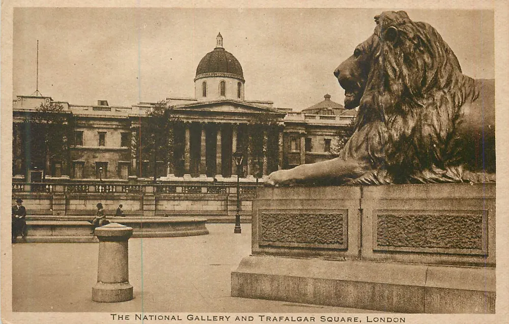 Das National Gallery und Trafalgar Square, London — Ansicht mit Löwen — Verlag nicht sichtbar - Vorderseite