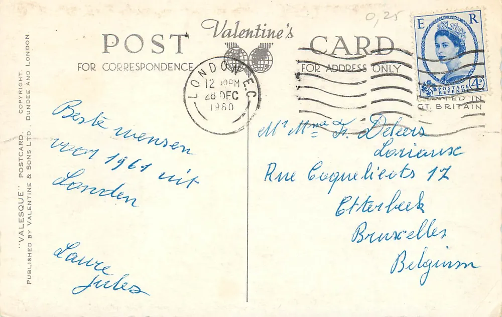 La vida militar en Londres — Palacio de Buckingham (Cambio de guardia), Guardias de Horse Guard en Whitehall, La banda de los Royal Horse Guards, Los Royal Horse Guards en cambio de guardia en Whitehall, Los Life Guards marchando por el parque — Publicado por Valentine's Postcard & Sons Ltd. - Reverso