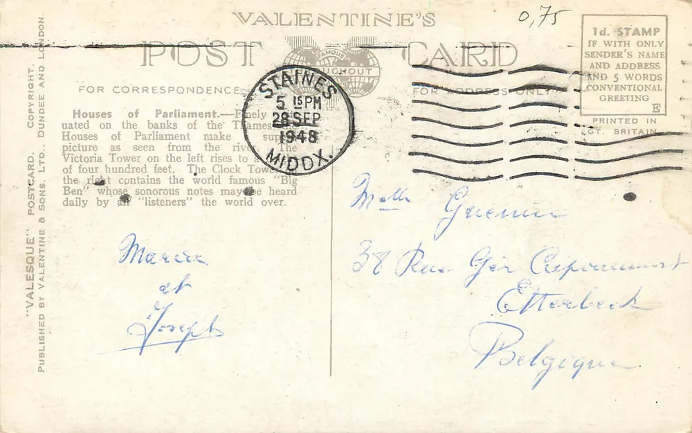 Houses of Parliament, London — Valentine's Postcard, n°36998 - Rückseite