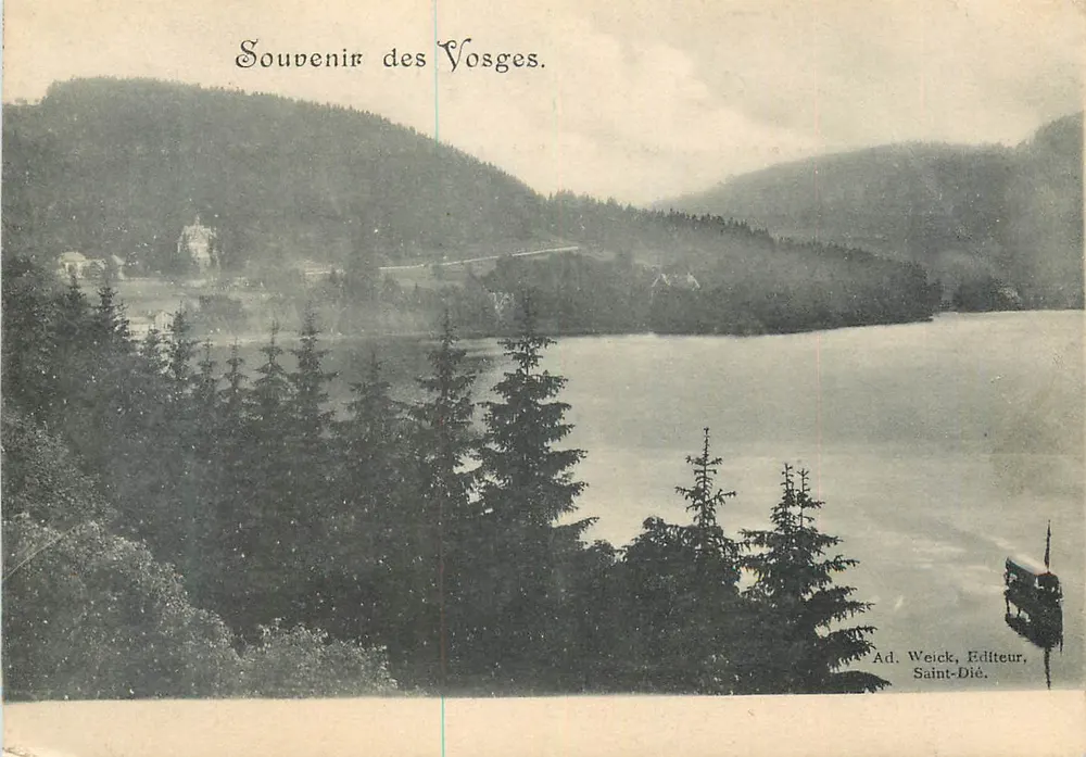 Lago dos Vosges — vista lacustre com floresta — Ad. Weick, editor, Saint-Dié - Frente