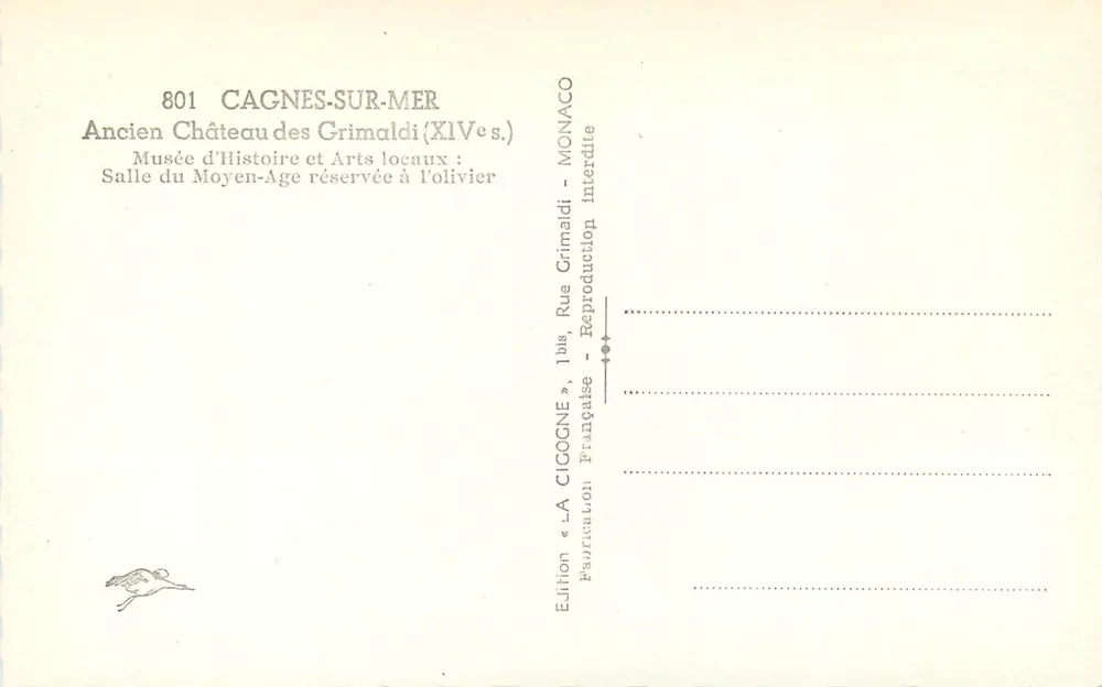 Antigo Castelo dos Grimaldi (século XIV) — Sala do Meio-Dia reservada à oliveira — Edição « La Cigogne » - Verso