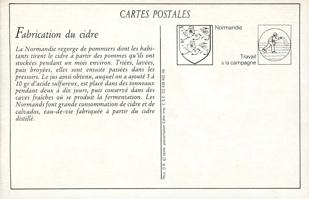 Fabricação de cidra — Normandia — Edito imp. C.E.E. D2 438.02 06 - Verso