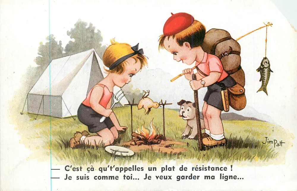 Crianças em acampamento — Jogos de pesca e fogueira — Jim Patt - Frente