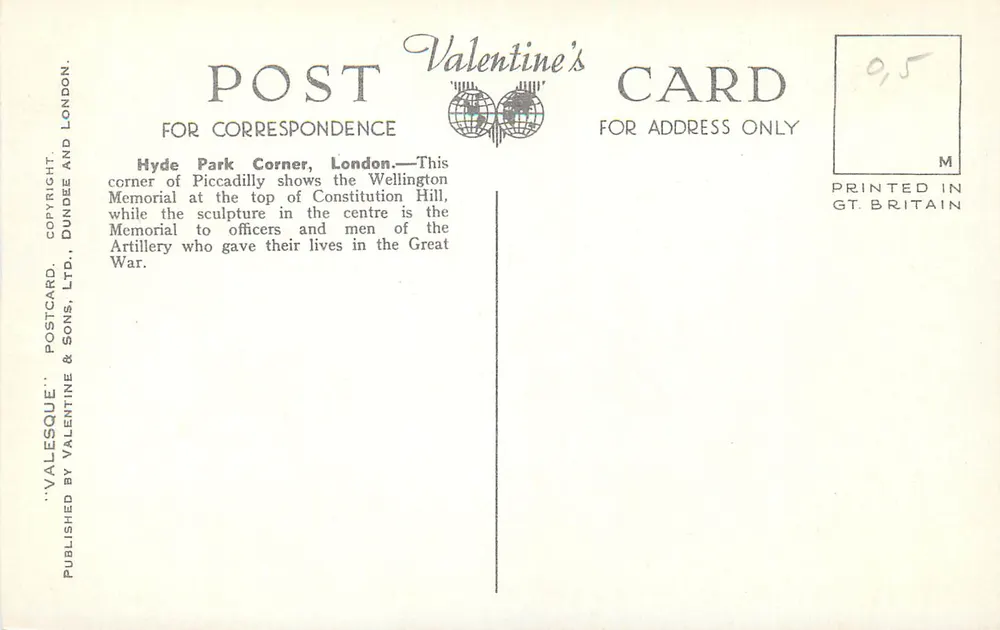 Hyde Park Corner, Londres — vista do Memorial de Wellington e do monumento às Artilharias — Valentine's Postcard & Sons, Ltd. - Verso