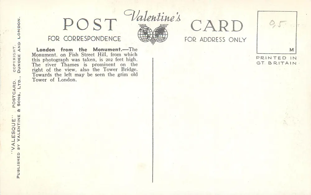 London from the Monument — widok na Tamzę i most Tower — Valentine's Postcard & Sons, Ltd. - Rewers