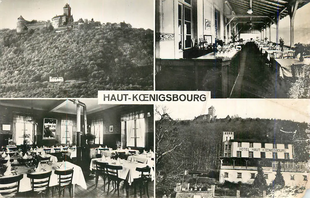 Hôtel Haut-Kœnigsbourg — vue du château, terrasse, salle à manger et façade — éditeur inconnu, n° de série non visible - Recto
