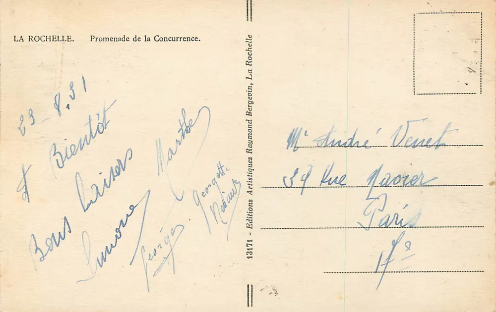 La Rochelle — Promenade da Concurrence — Edições Artísticas Raymonde Bergentin, n°13171 - Verso