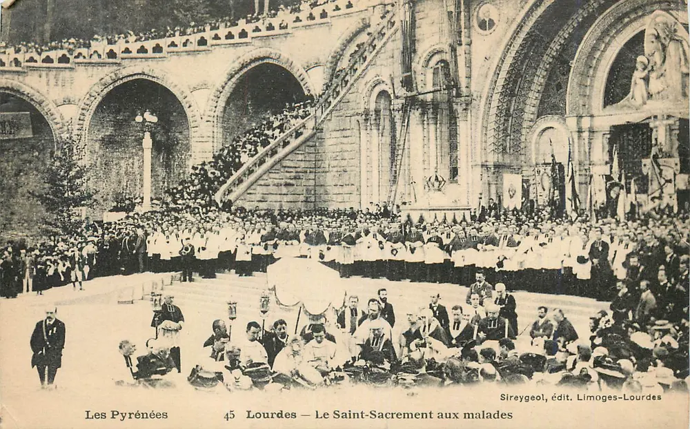 Lourdes — Le Saint-Sacrement aux malades — Sireygeol, édit. Limoges-Lourdes - Recto