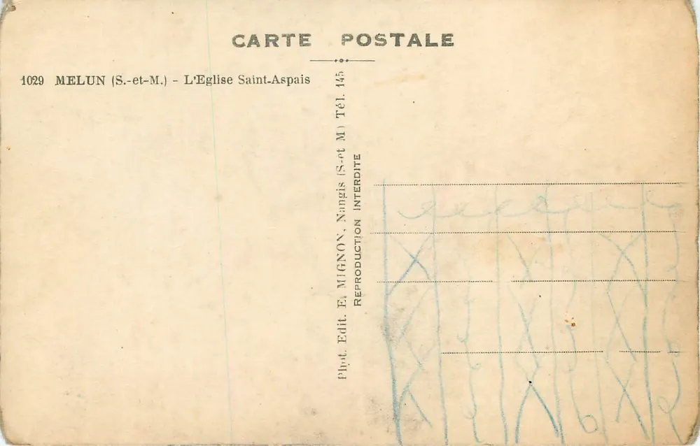 Igreja de Saint-Aspais — Melun (S.-et-M.) — Editor E. Mignon, n° 1029 - Verso