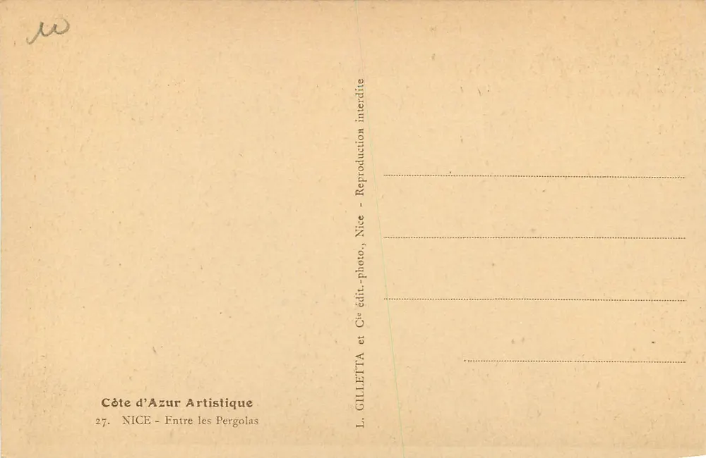 Nice — Entre les pergolas — L. GILLETТА, Côte d'Azur Artistique, n°27 - Verso