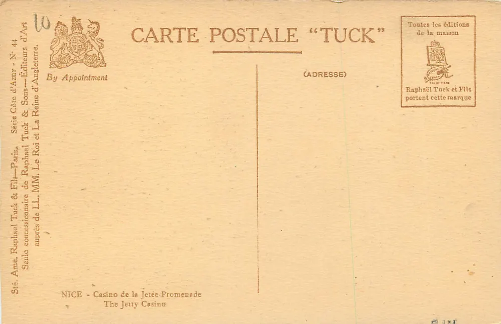 Casino da Jetée - Passeio - Nice — Série Tuck N° 41, editor Raphael Tuck & Fils - Verso