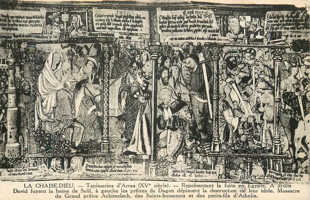 La Chaise-Dieu — Tapisserien von Arras (15. Jahrhundert) — Darstellend die Flucht nach Ägypten, rechts die Priester von Dagon klagen über die Zerstörung ihrer Gottheit. Mord des Hohepriesters Achimelech, der Heiligen Unschuldigen und der Enkel von Athaliah. - Vorderseite