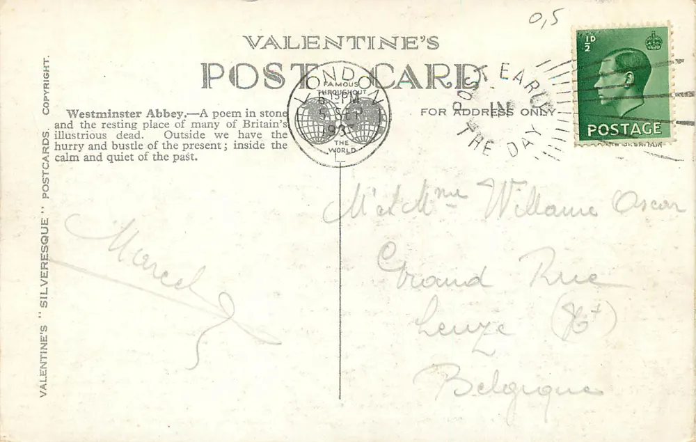 Abadia de Westminster, Londres — Cartão postal de Valentim n°16801 - Verso