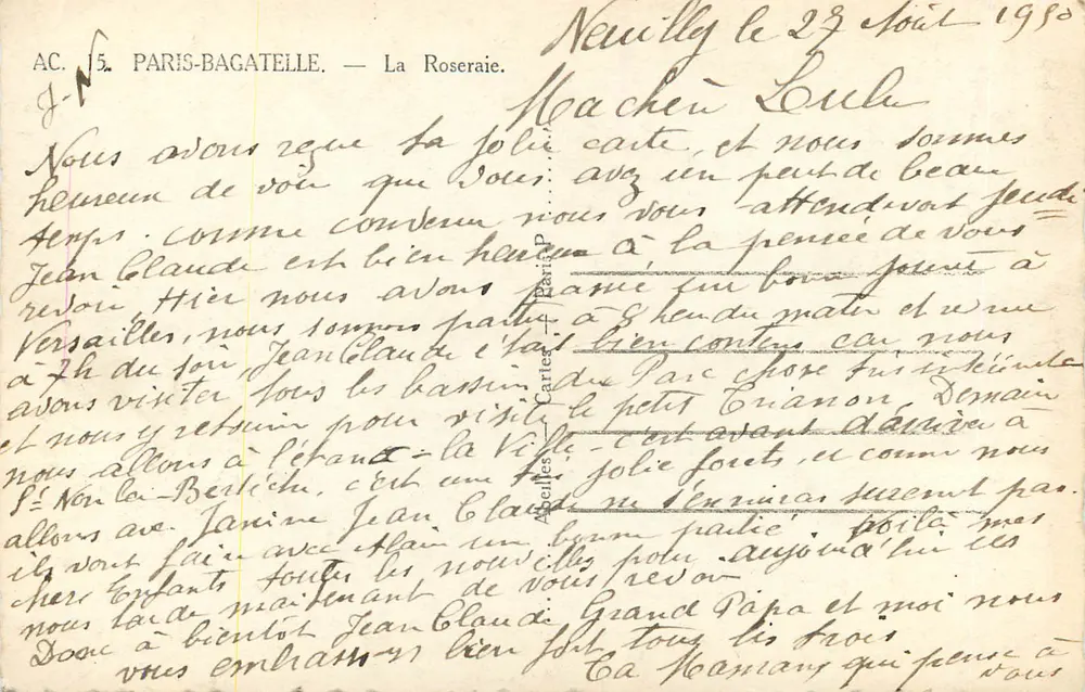 Nouilly-le-Bel - A Roseraie — Paris-Bagatelle, editor A. C. N°5 - Verso