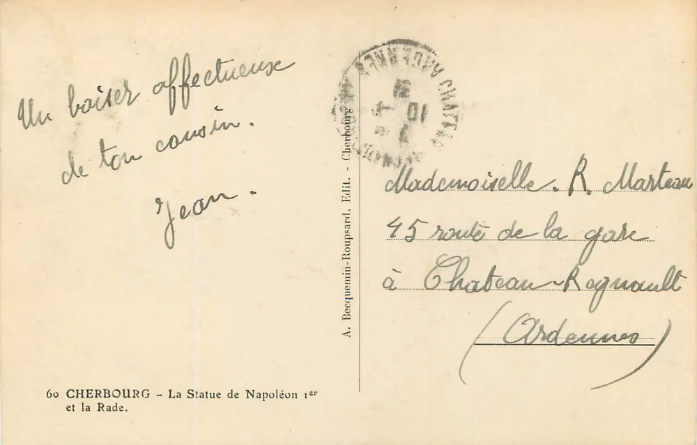 Cherbourg — La Statue de Napoléon 1er et la Rade — A. Becquemin-Roupsard, Édit. - Verso