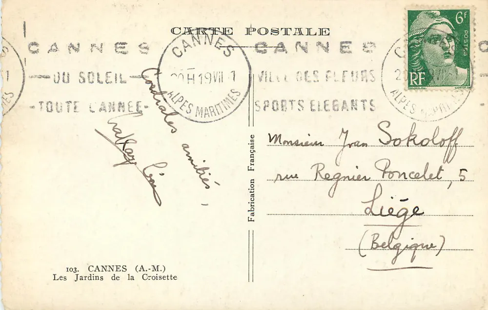Os Jardins da Croisette — Cannes — Editor: Fabrication Française, n° 103 - Verso