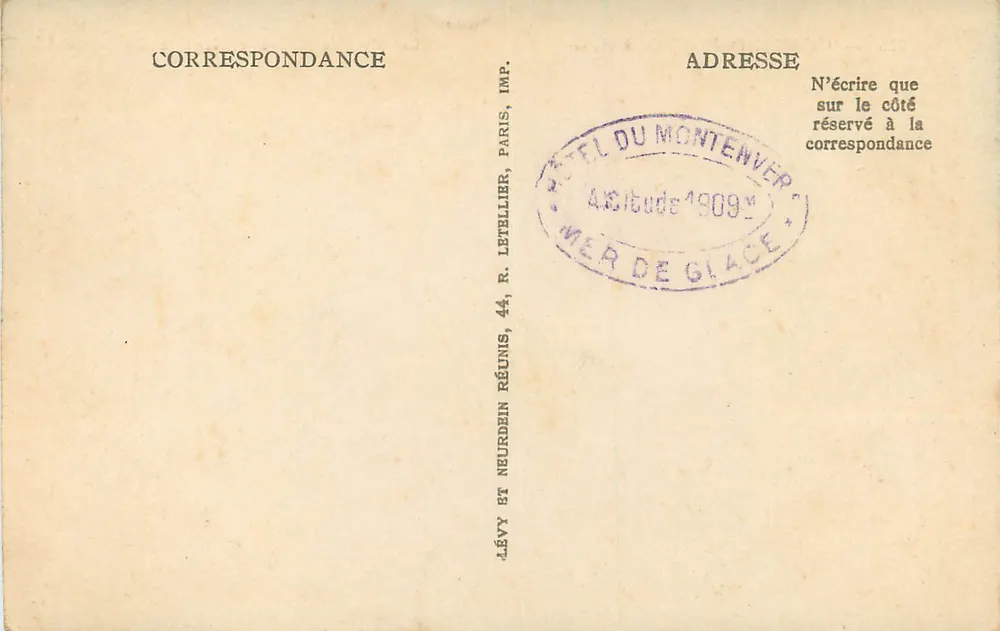 Chamonix-Mont-Blanc — La Mer de Glace et le Grand Charmoz — Éditeur : Lévy et Neurdein Réunis, Paris, n° 325 - Verso