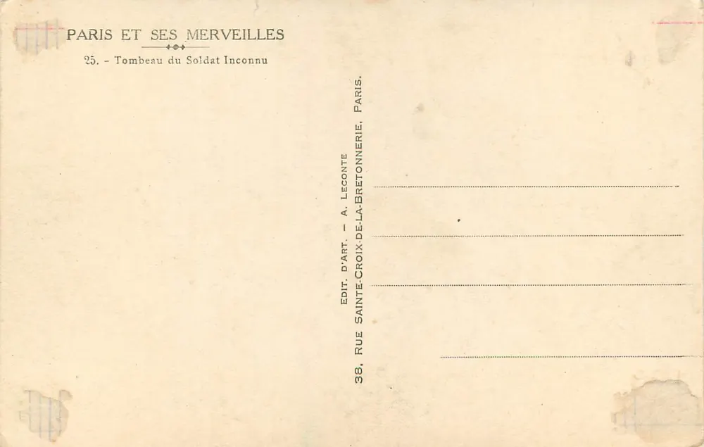 Grab des Unbekannten Soldaten — Triumphbogen — Verlag A. Leconte - Rückseite