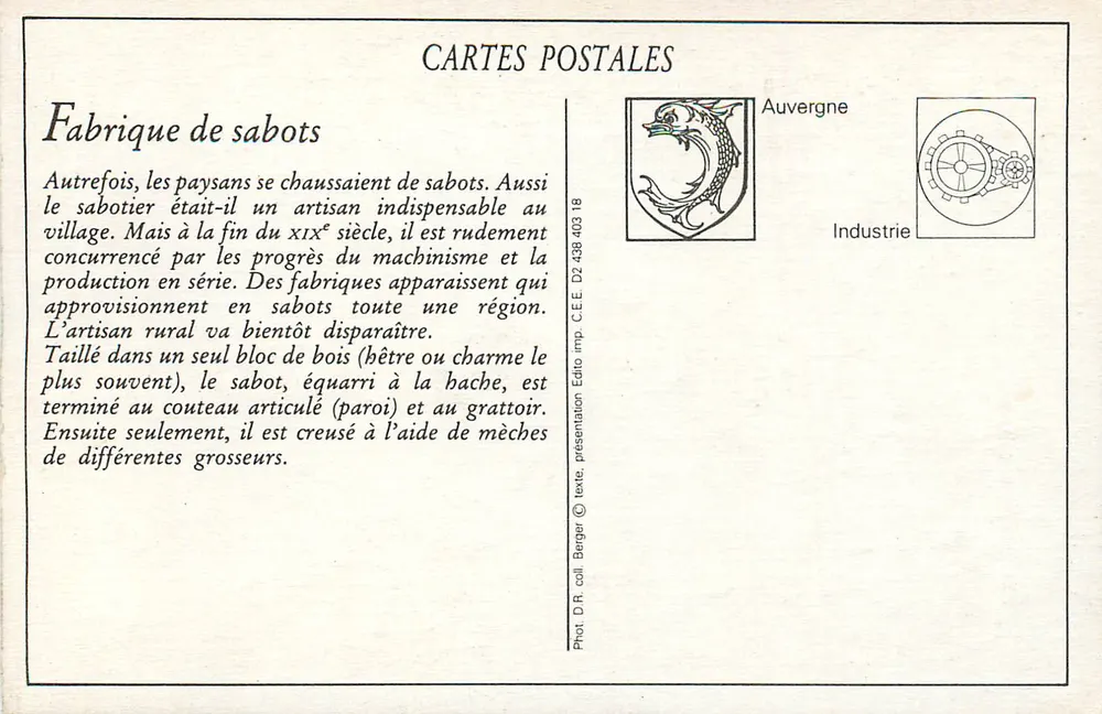 Intérieur d'une Fabrique de Sabots — Auvergne — Édito Berger n°54 - Verso