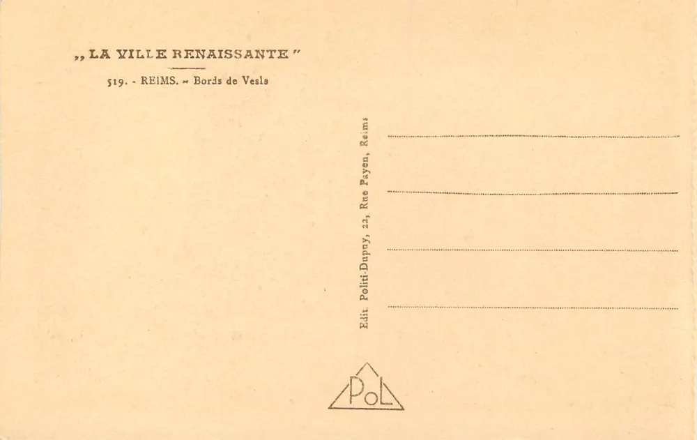 Bords de Vesle — Reims — Éditeur Poli-Dupuy, 22 Rue Payen, Reims - Verso