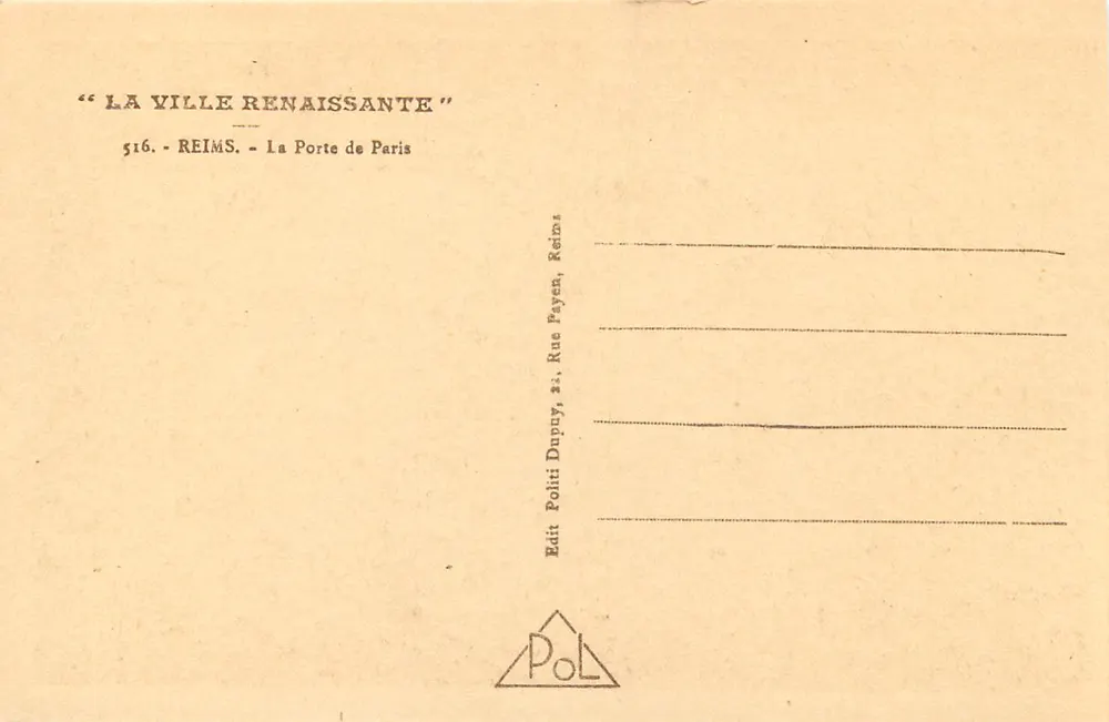 Reims — Die Porte de Paris — Verlag Politis, Rue Dupuy, Reims - Rückseite