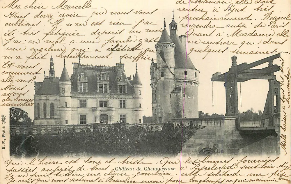 Zamek Chenonceaux — widok z mostem zwieszkowym — wydawca B. F. Paris - Awers