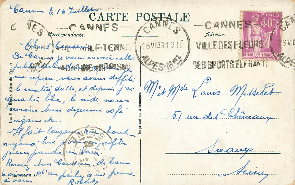 CANNES. A Praia e os Hotéis. — Editor: T. Azur, n° 573 - Verso