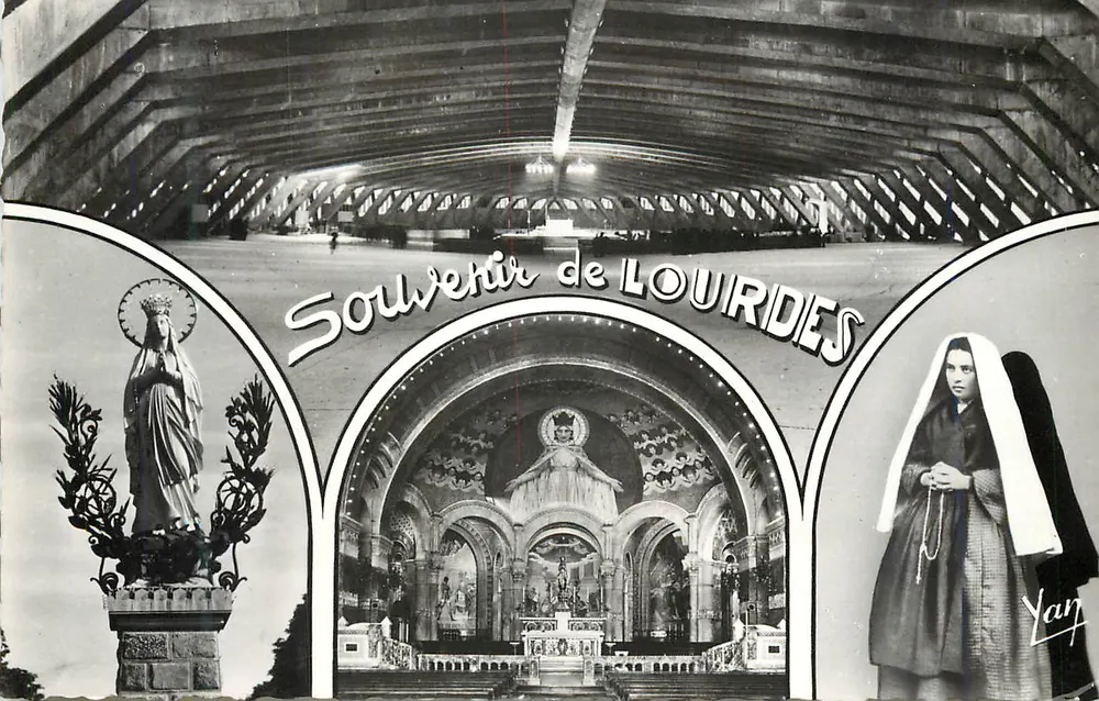 Souvenir de Lourdes — Vue de la Vierge Couronnée, intérieur de la Basilique Sainte-Bernadette et une religieuse — éditeur YAN - Recto
