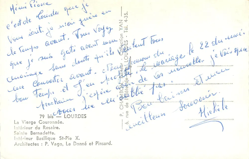 Souvenir de Lourdes — Vue de la Vierge Couronnée, intérieur de la Basilique Sainte-Bernadette et une religieuse — éditeur YAN - Verso