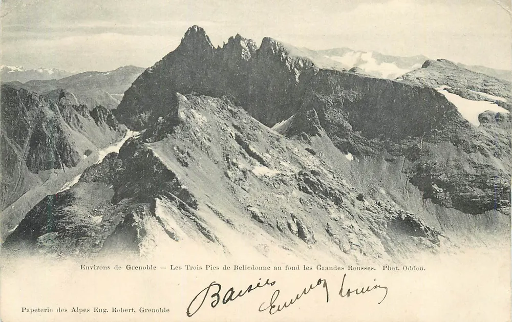 Arredores de Grenoble — Os Três Picos de Belledonne no fundo as Grandes Rousses — Papeterie das Alpes Eng. Robert, Grenoble - Frente