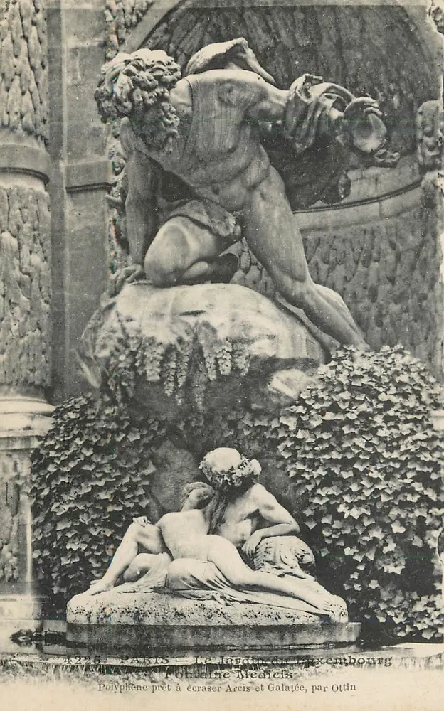 Paris — Jardim das Plantas — Fonte Médicis, Polipheme prestes a esmagar Acis e Galatéia, por Ottin - Frente