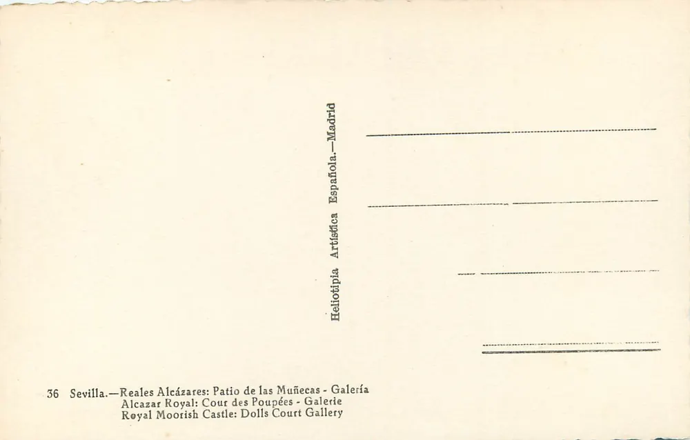 Alcazar von Sevilla — Hof der Puppen — Heliotípia Artística Española, Madrid, Nr. 36 - Rückseite