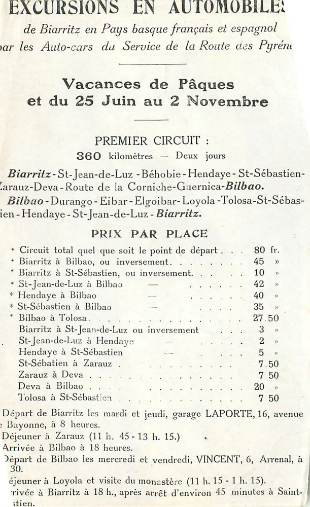 Biarritz no País Basco Francês e Espanhol — Excursões em Automóveis — Serviço da Estrada dos Pirineus - Verso