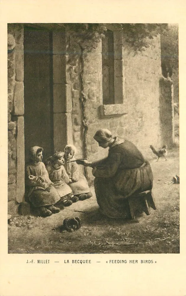 Mulher alimentando seus pássaros — J.-F. Millet — La Becquée — « Feeding Her Birds » - Frente