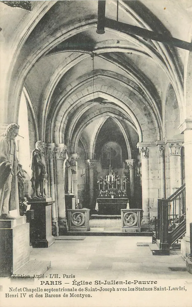 Église Saint-Julien-le-Pauvre — Nef et chapelle septentrionale avec statues Saint-Landri, Henri IV et des barons de Montyon — Édition Attié - L'H. Paris - Recto