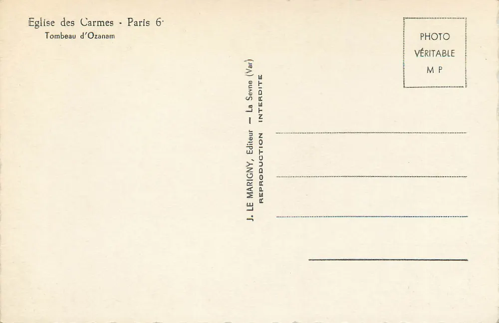 Túmulo de Ozanam — Igreja dos Carmelitas — Paris 6e — J. Le Marigny, La Seyne (Var) - Verso