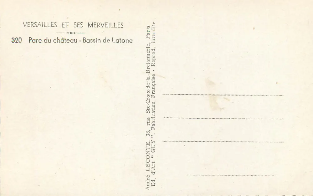 Versailles und seine Wunder — Park des Schlosses - Bassin de Latone — André Leconte, Verlag - Rückseite