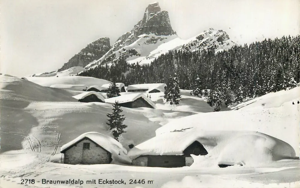 Braunwaldalp com Eckstock, 2446 m — Reprodução — Verlag H. Schönewetter, G. Larus (Suíça) - Frente