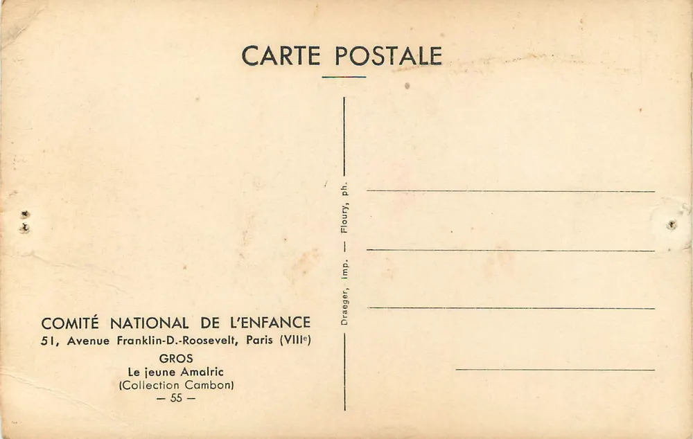 Portrait d'un jeune garçon — œuvre de Gros — éditeur Drager, imp. Floury, Paris - Verso