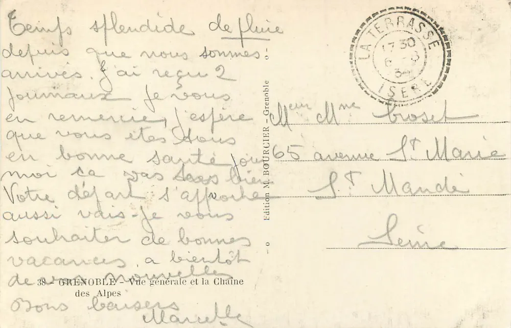 Grenoble — Vista geral e a Cadeia dos Alpes — Edição M. BOURCRIER - Verso