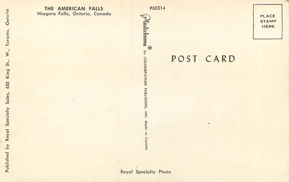 Niagara Falls — American Falls — Royal Specialty Photo, P62314 - Verso