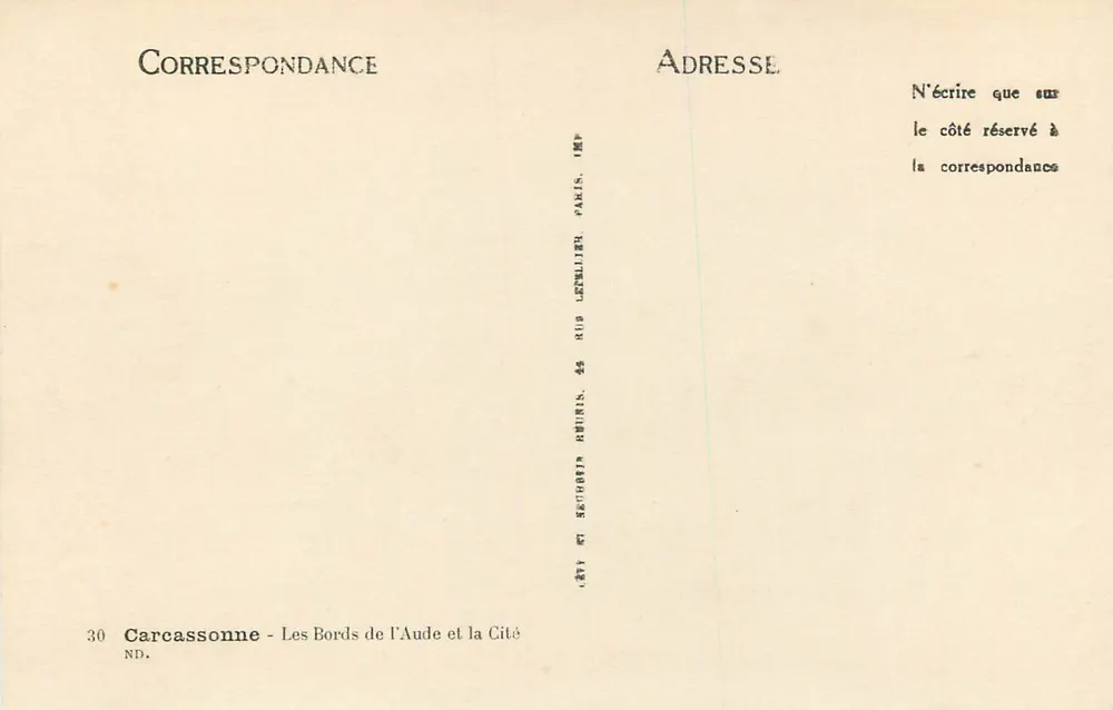 Carcassonne — Les Bords de l'Aude et la Cité — Éditeur Rub Le Tellier, Paris, n° 30 - Verso