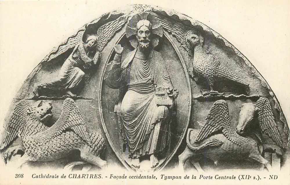 Kathedrale von Charîres — Westfassade, Tympan der Mitteltür (12. Jahrhundert) — ND - Vorderseite