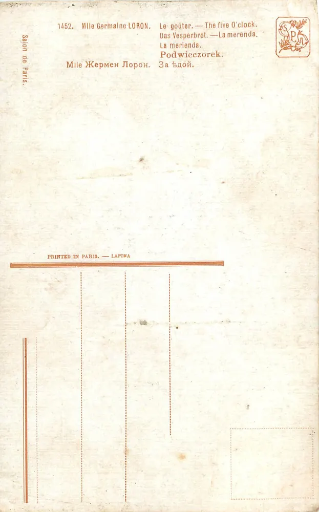 Mulher e gato no lanche — Mlle Germaine LORON — Salon de Paris, n°1452 - Verso