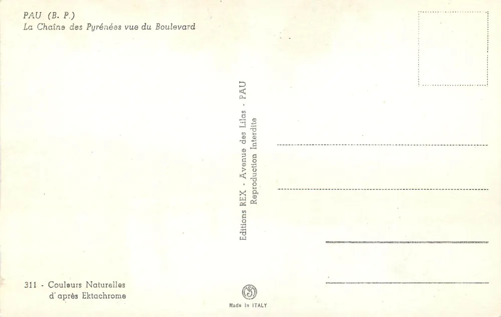 Chaîne des Pyrénées vue du Boulevard — PAU (B.P.) — Éditions REX - Verso