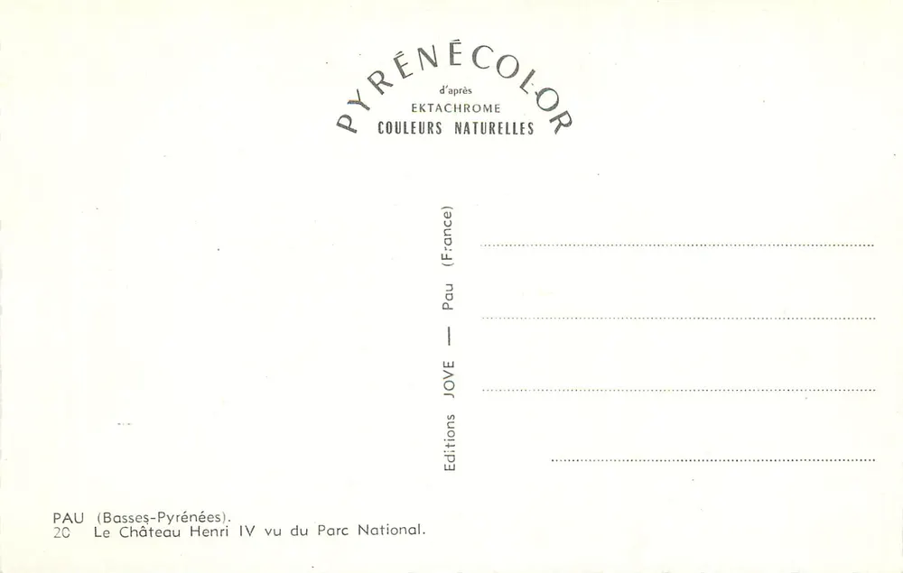 Pau (Basses-Pyrénées) — Schloss Henri IV aus dem Nationalpark gesehen — Editions JOVE - Rückseite